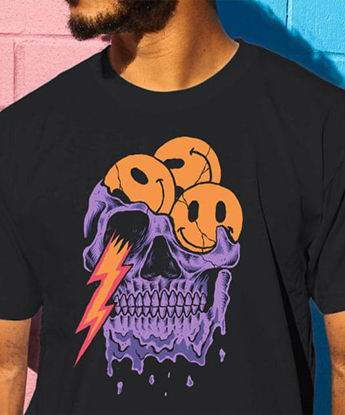 DTG Printing on a black AS Colour Staple Tee with smile face, purple skull and lightning bolt