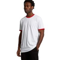 AS Colour Staple Ringer Tee in White with Red Ribbing, Loose Model View, Customise your Ringer Tee