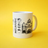 Coffee Mug Personalised Mugs Australia with Melbourne Design Printed in Black on a white Coffee Mug