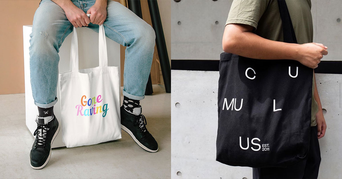 two photos of custom printed tote bags side by side