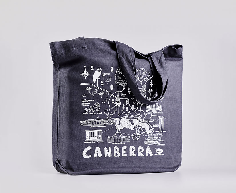 custom-printed tote bag in Navy with a stylish screen print of Canberra and it's iconic places