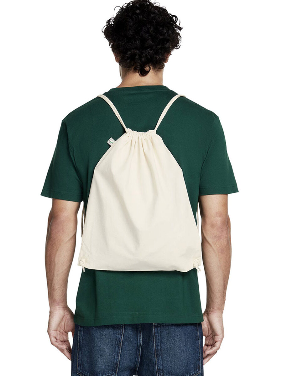 Earth Positive Drawstring Bag Model Back View in Colour Natural