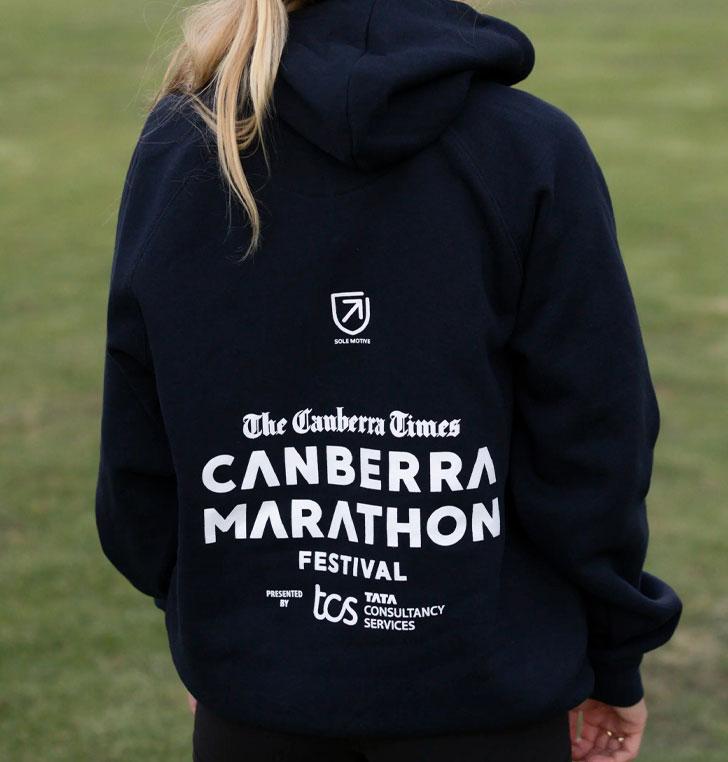 Custom hoodie with screen printed design for The Canberra Marathon sponsored by the Canberra Times 