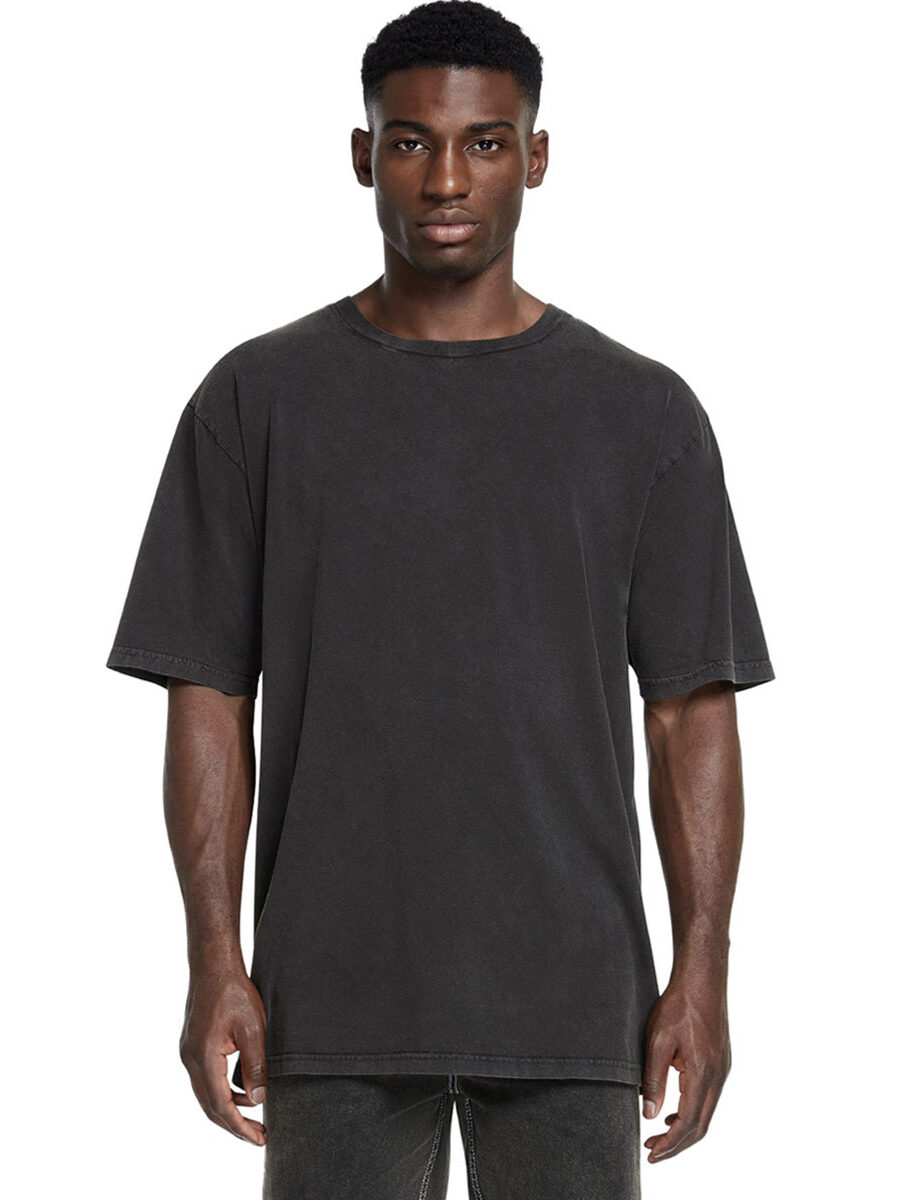 Front view of Earth Positive oversized tee in Stone Wash Black organic cotton