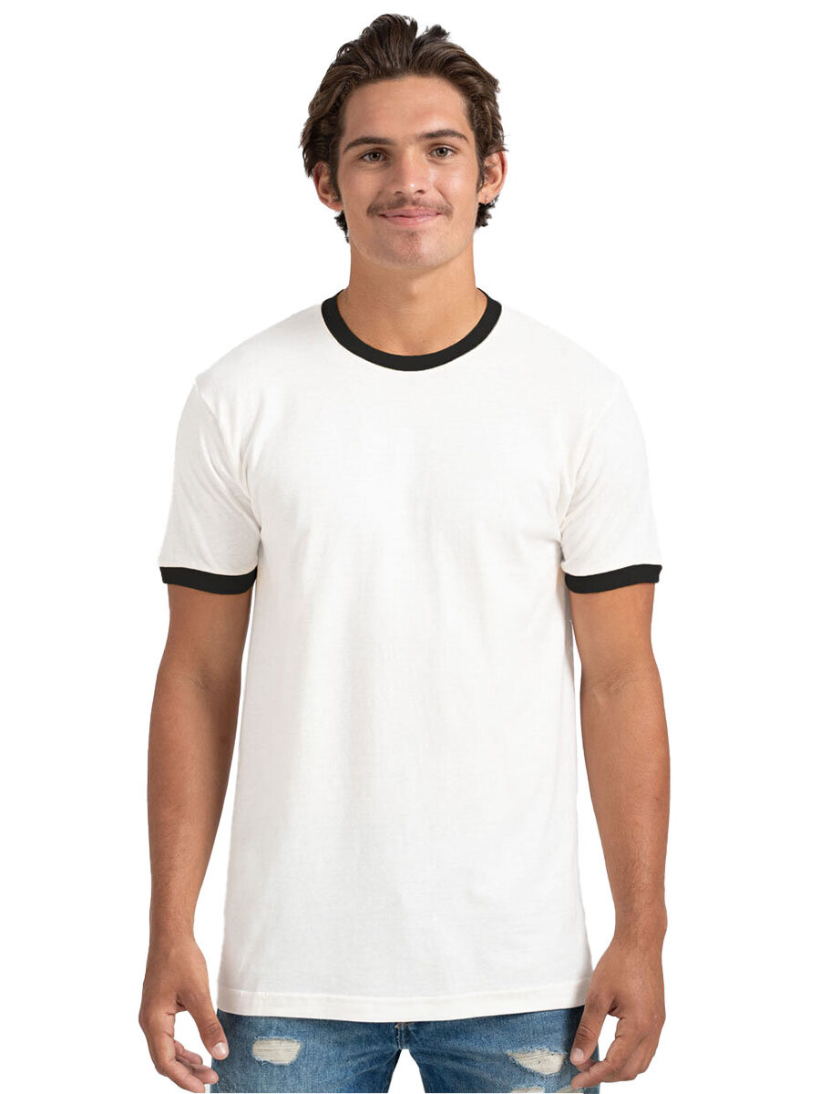 White ringer tee with black contrast neckline and sleeve bands, worn by a model, perfect for casual and retro-inspired outfits