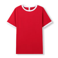 Ringer tee in Red with white contrast neckline and sleeve bands, worn by a model, perfect for casual and retro-inspired outfits