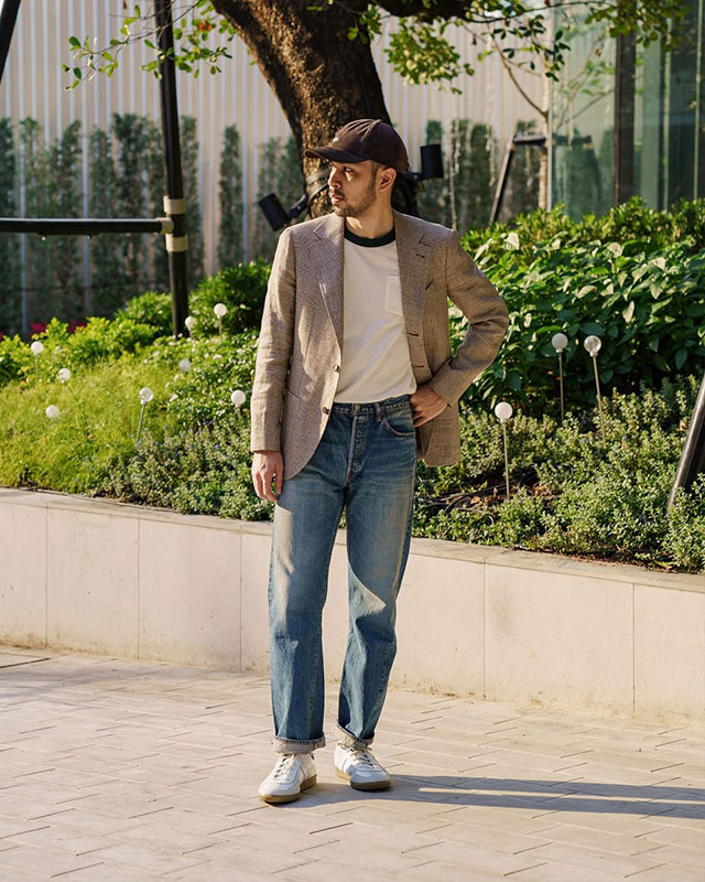 Classic vintage ringer tee dressed up with modern blazer jacket and jeans