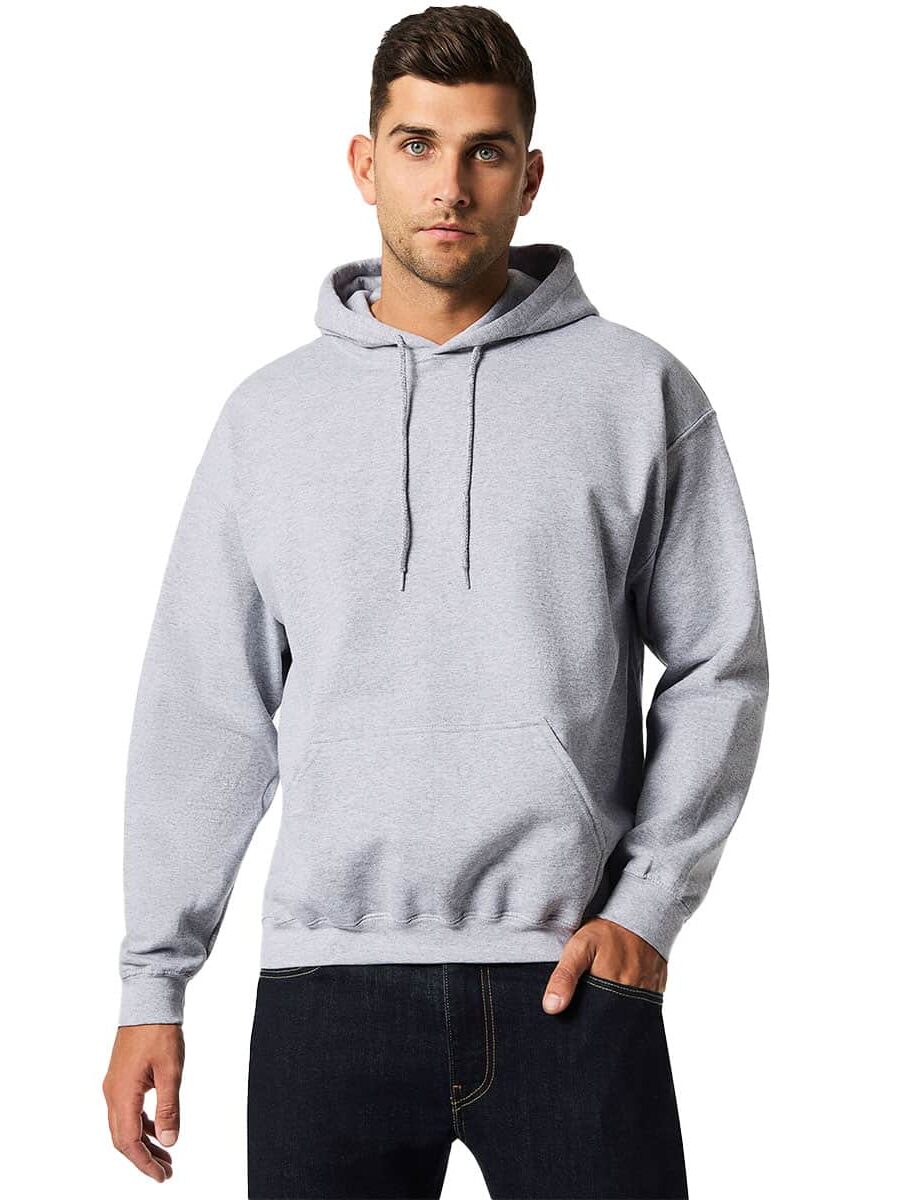 Gildan 18500 Heavy Blend Hoodie Front Model View in Sport Grey