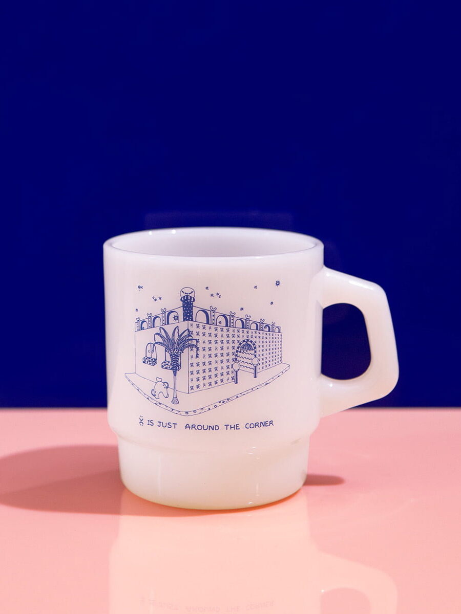 Retro Coffee Mugs Front View With Is Just Around The Corner Print