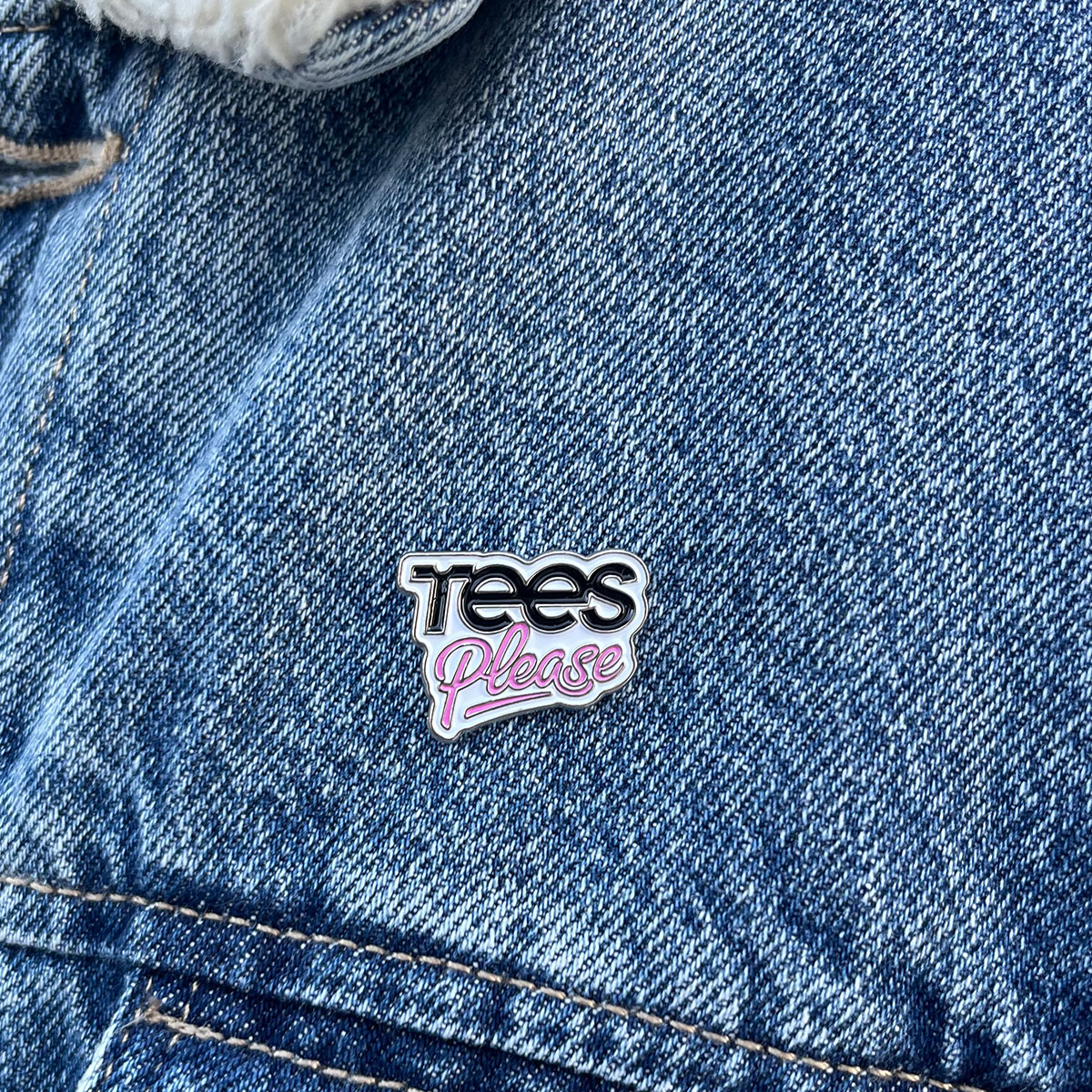 Custom Enamel Pin with Tees Please Logo on Denim Jacket