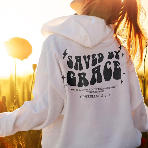 Custom Hoodie in White with Saved By Grace print in Blue on the back