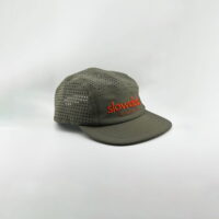 Mesh Cap in army green with orange custom embroidery logo with text "Slow Dad Run Club"