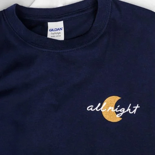 Custom Embroidered Gildan T-Shirt in Navy with All Night Design
