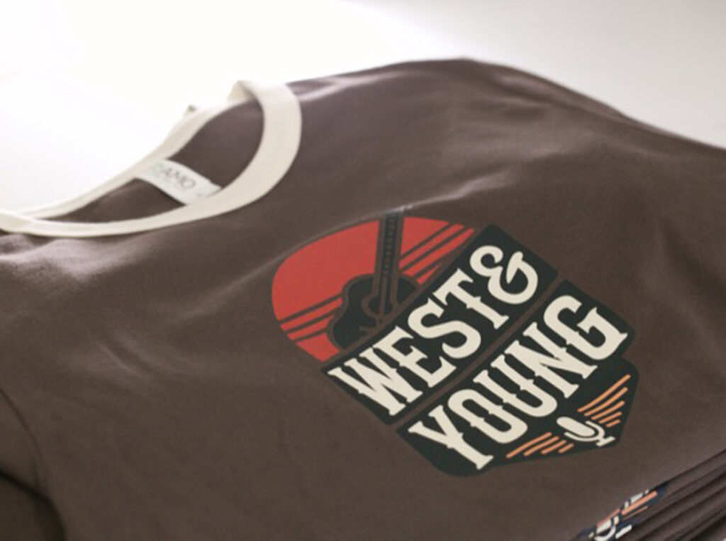 Direct to film custom printing on Ringer Tees with West & Young music band logo