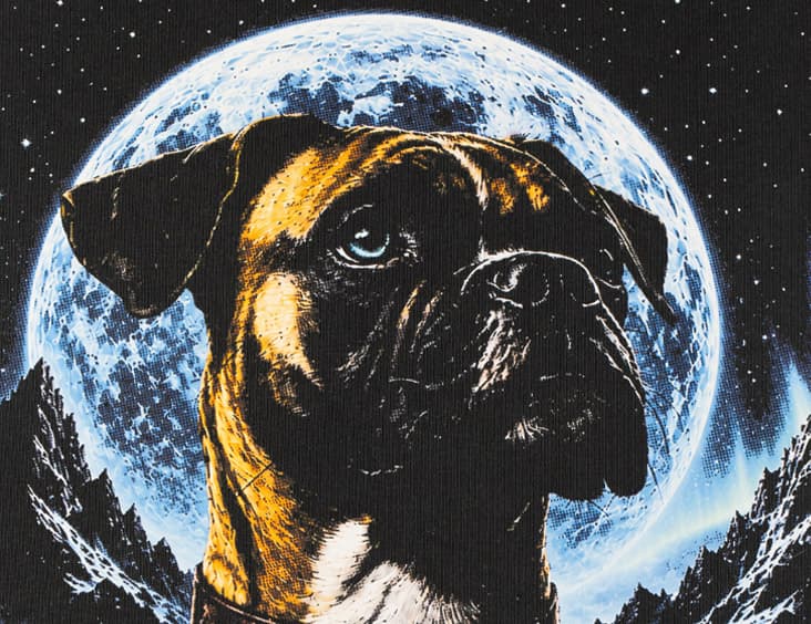 Custom DTF T-Shirt Print Close Up View of a Boxer Dog Print with a black knockout halftone effect