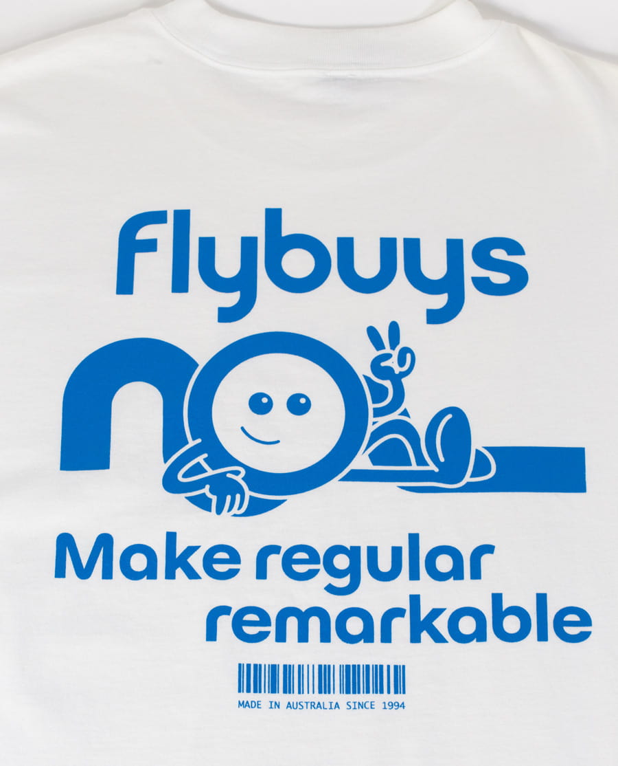 custom-screen-printed-t-shirts Flybuys Logo screen printed in blue plastisol ink on a White AS Colour Heavy T-Shirt