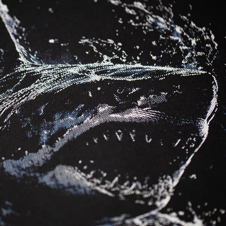 direct-to-film-half-tone-print Direct To Film Half Tone Print of a blue shark on a black AS Colour Heavy Tee