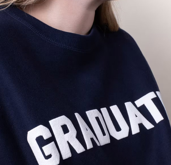 Puff Print Jumper with White Puff Ink Text reading "GRADUATE" on AS Colour Navy Crew Jumper