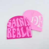 Skull Beanies in two shades of Pink with Custom Knitted Text with light pink or White text